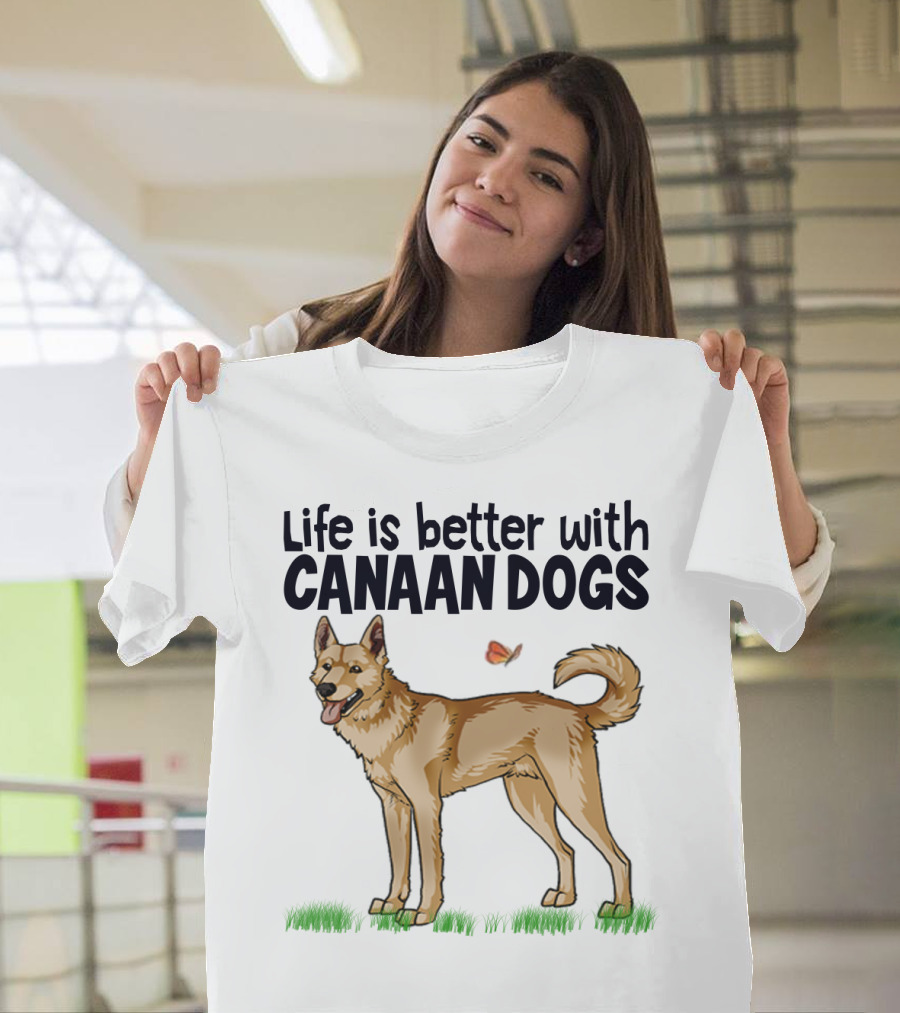 Life Is Better With Canaan Dogs Featuring Butterfly And Grass Details T-Shirt