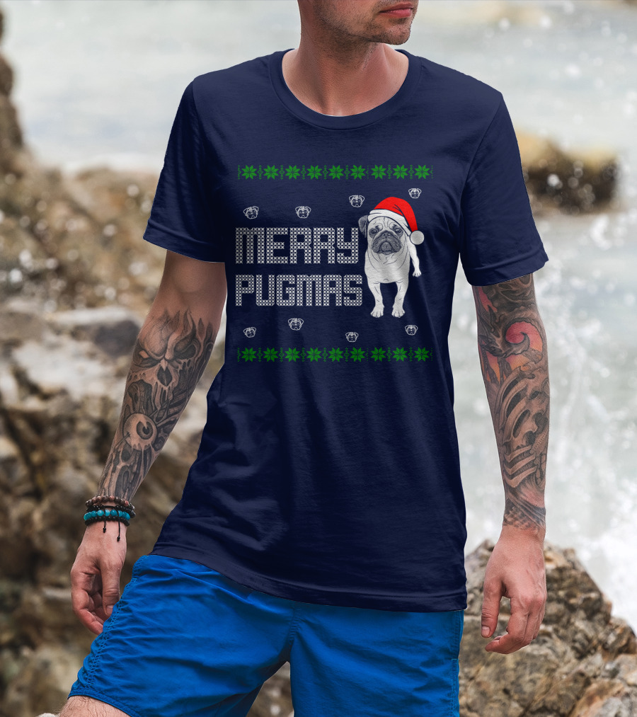 Merry Pugmas Festive Santa Hat Pug With Holiday Patterns And Green Poinsettias T-Shirt