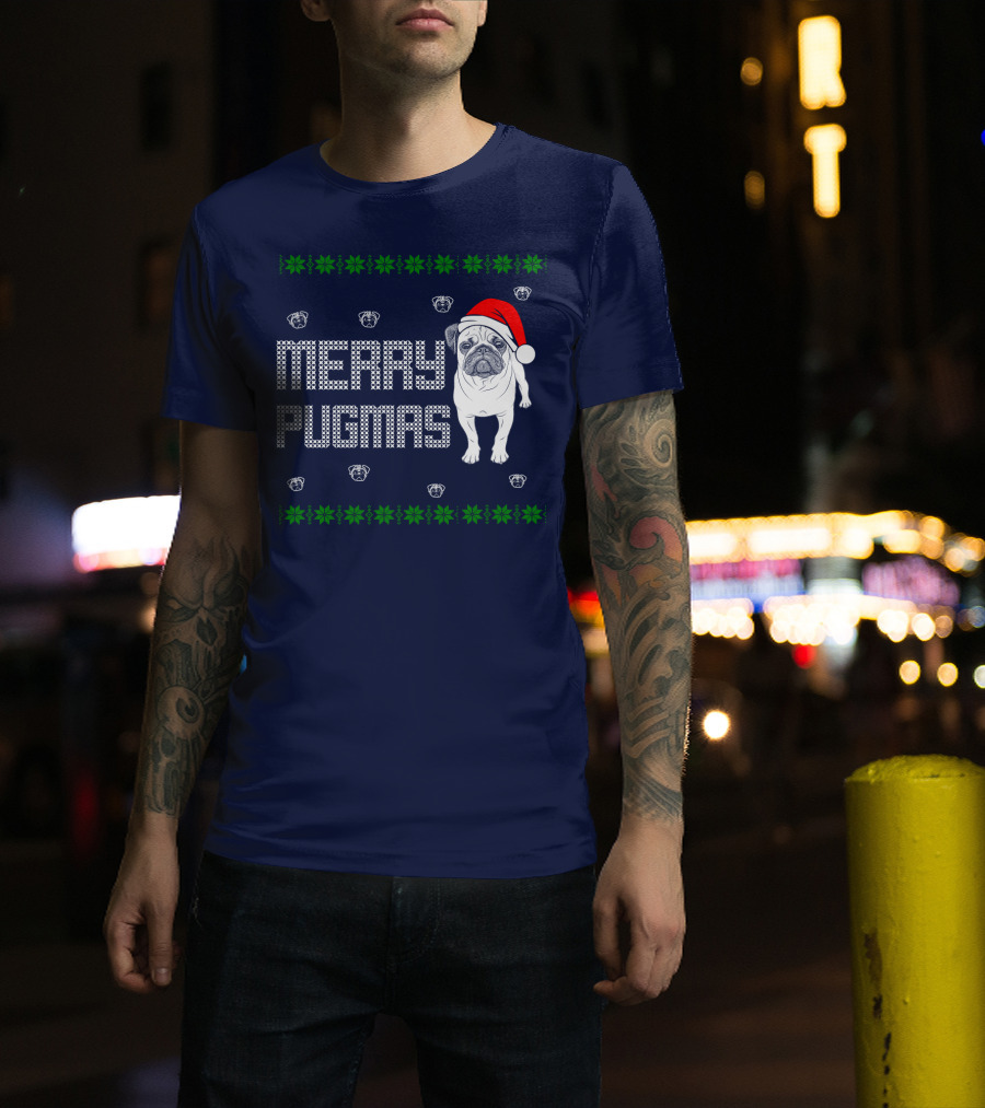 Merry Pugmas Festive Santa Hat Pug With Holiday Patterns And Green Poinsettias T-Shirt