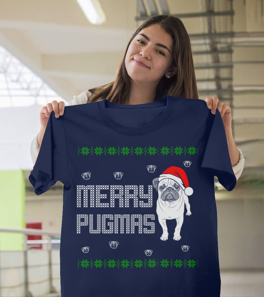Merry Pugmas Festive Santa Hat Pug With Holiday Patterns And Green Poinsettias T-Shirt