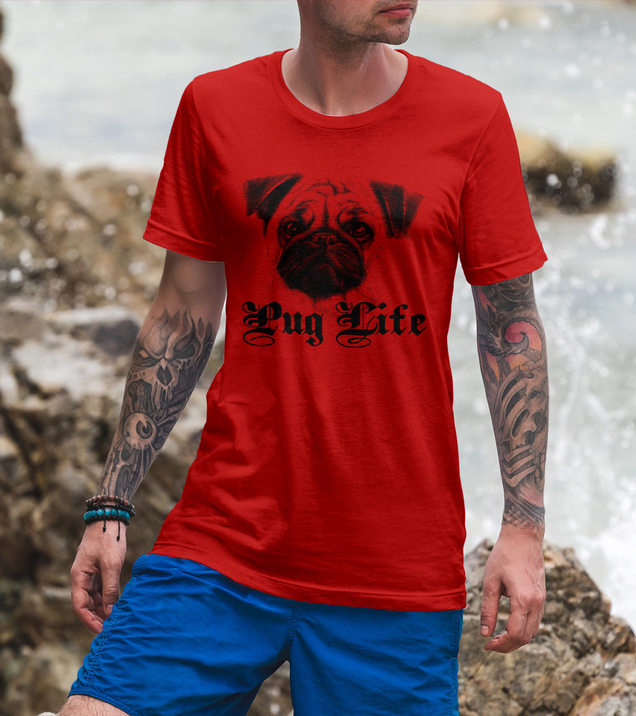 Pug Life Gothic Script With Realistic Pug T-Shirt