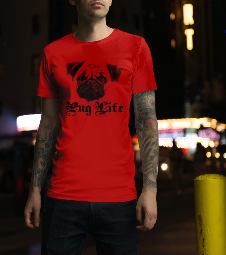 Pug Life Gothic Script With Realistic Pug T-Shirt