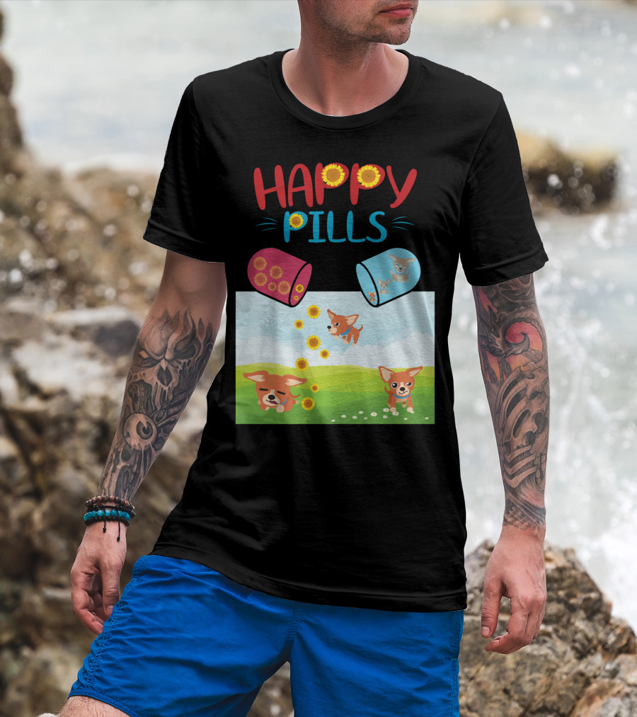 Happy Pills Chihuahuas Playing With Sunflowers T-Shirt