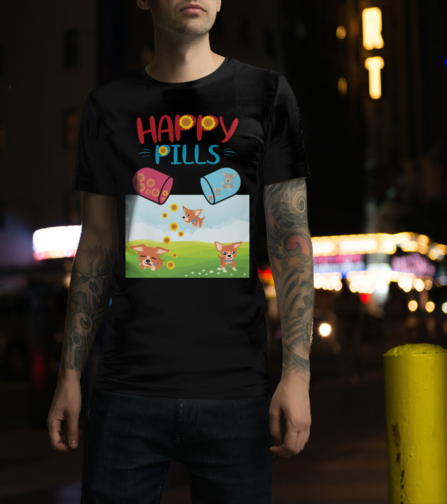 Happy Pills Chihuahuas Playing With Sunflowers T-Shirt