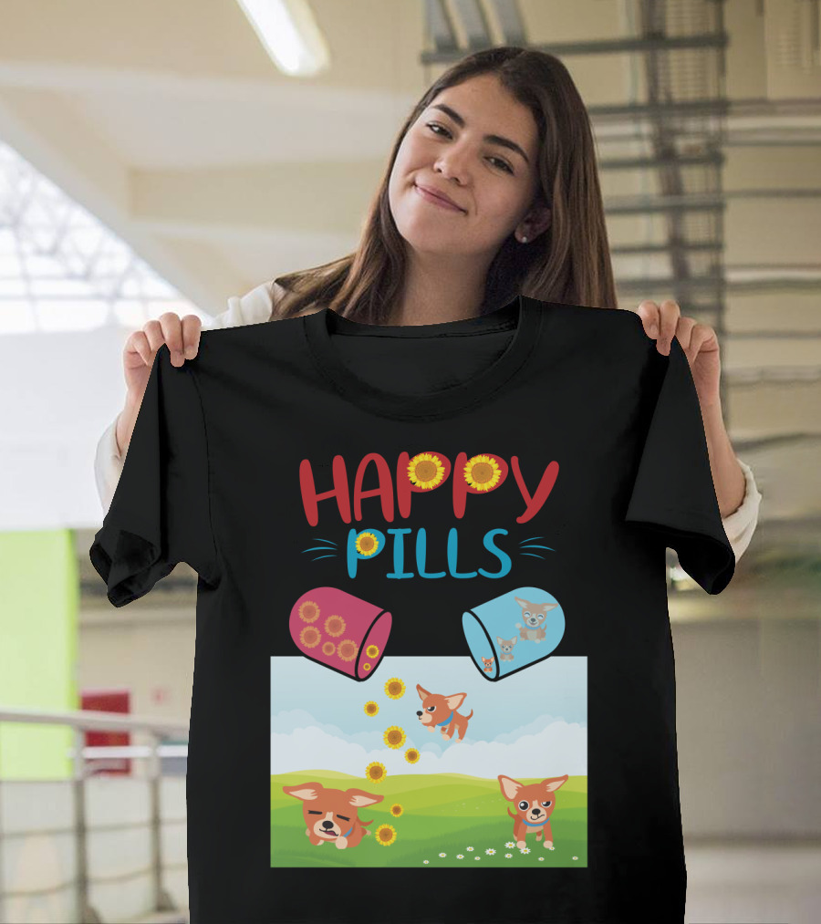 Happy Pills Chihuahuas Playing with Sunflowers T-Shirt