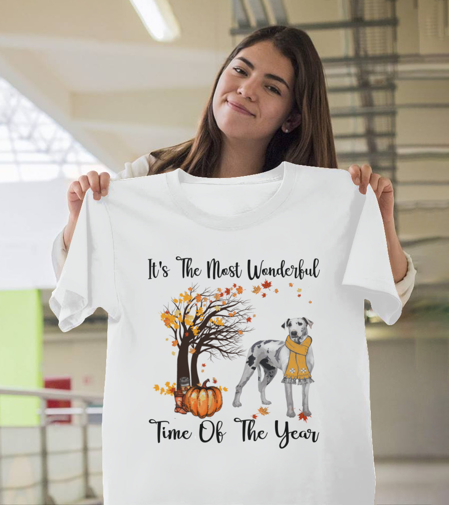 It's The Most Wonderful Time Of The Year Dalmatian Autumn Leaves Pumpkin Scarf T-Shirt