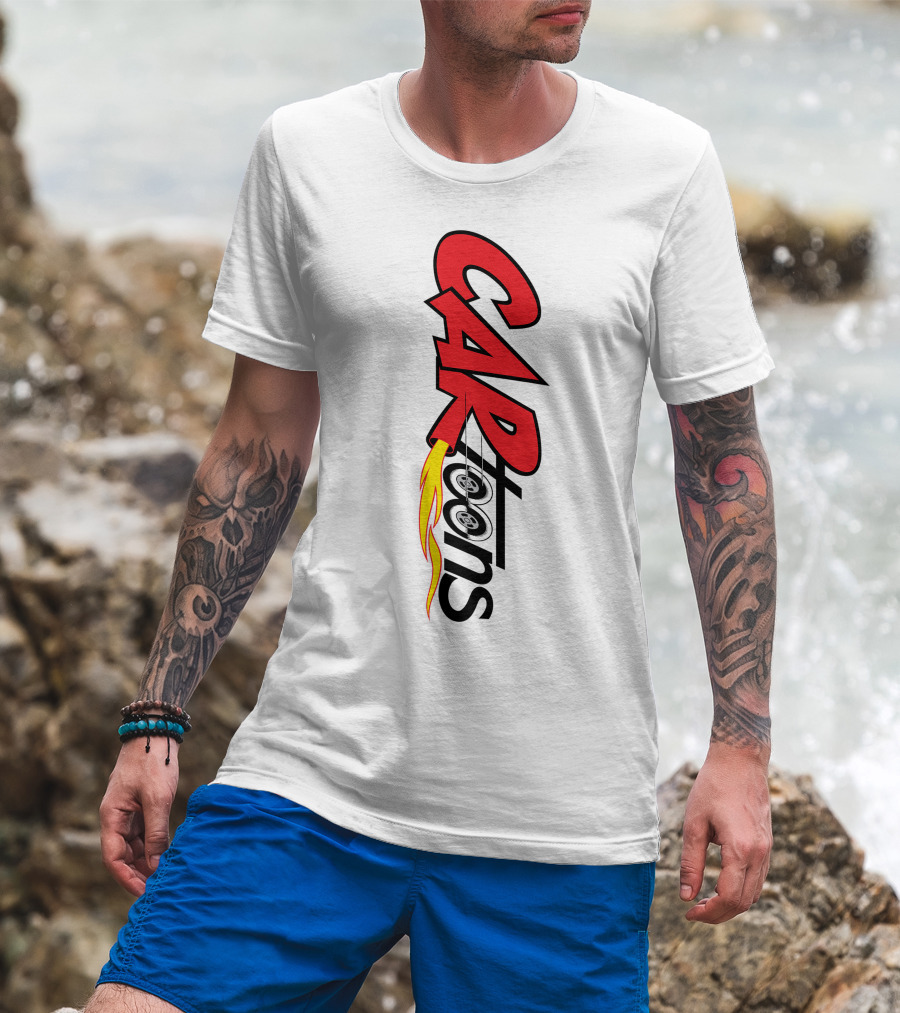 CARTOONS Red And Black Text With Flames And Wheel T-Shirt