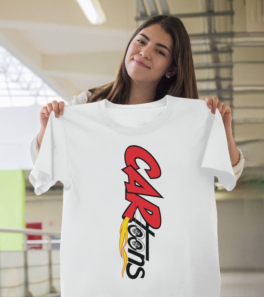 CARTOONS Red and Black Text with Flames and Wheel T-Shirt