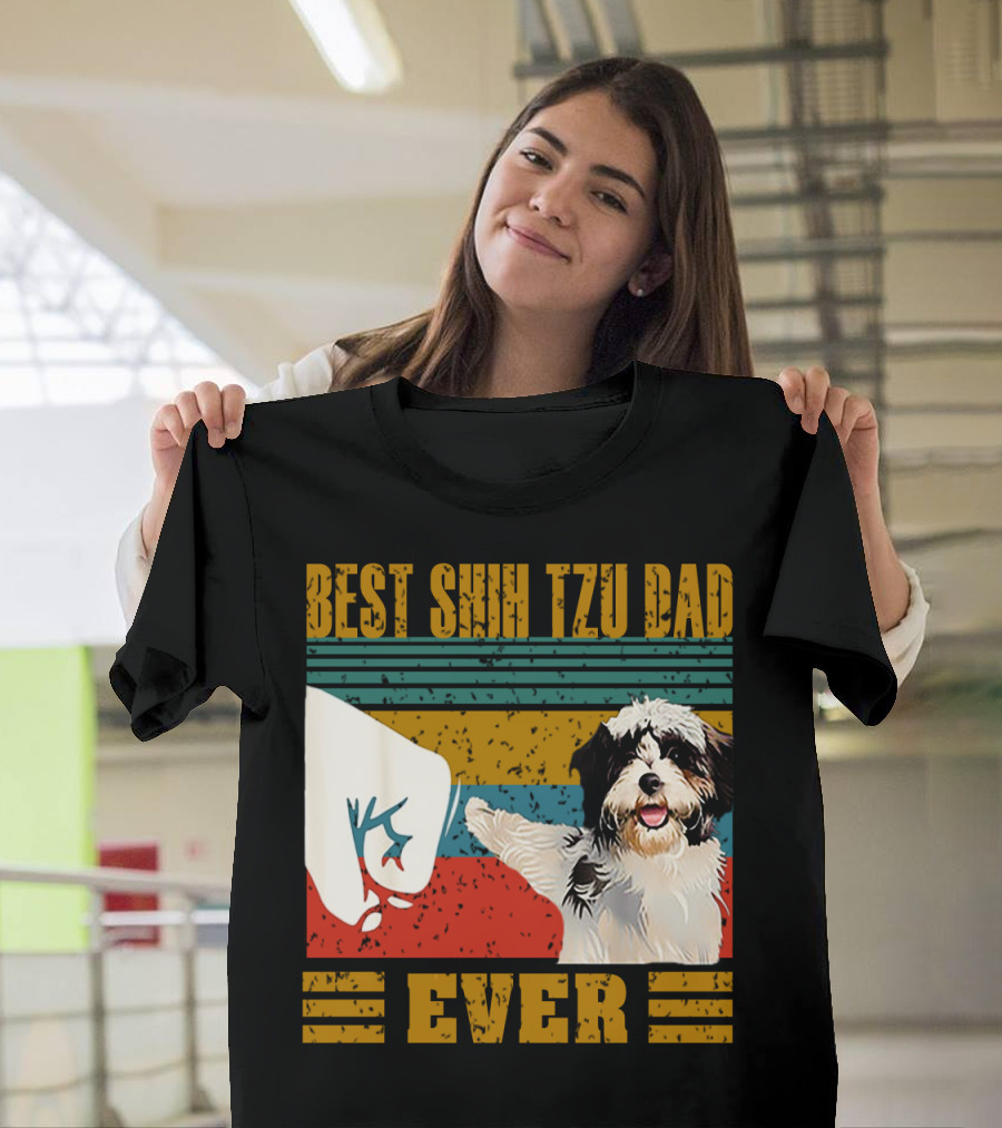 Best Shih Tzu Dad Ever Vintage Style Dog Paw Prints T-Shirt