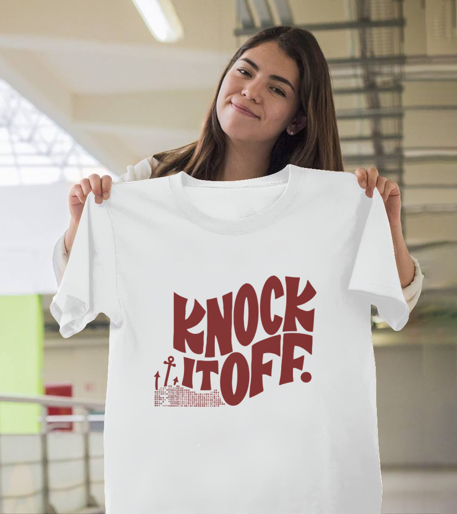KNOCK IT OFF Lettering With Rising Arrow Figures T-Shirt