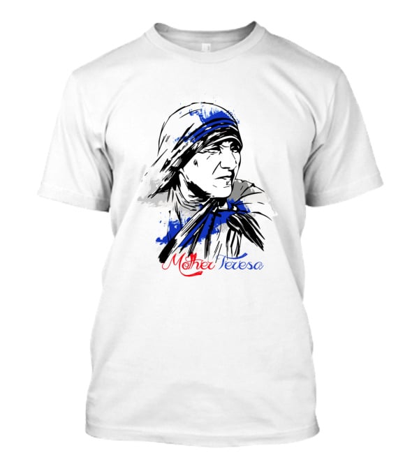 Mother Teresa Hand-Drawn Blue And Red Stylized T-Shirt