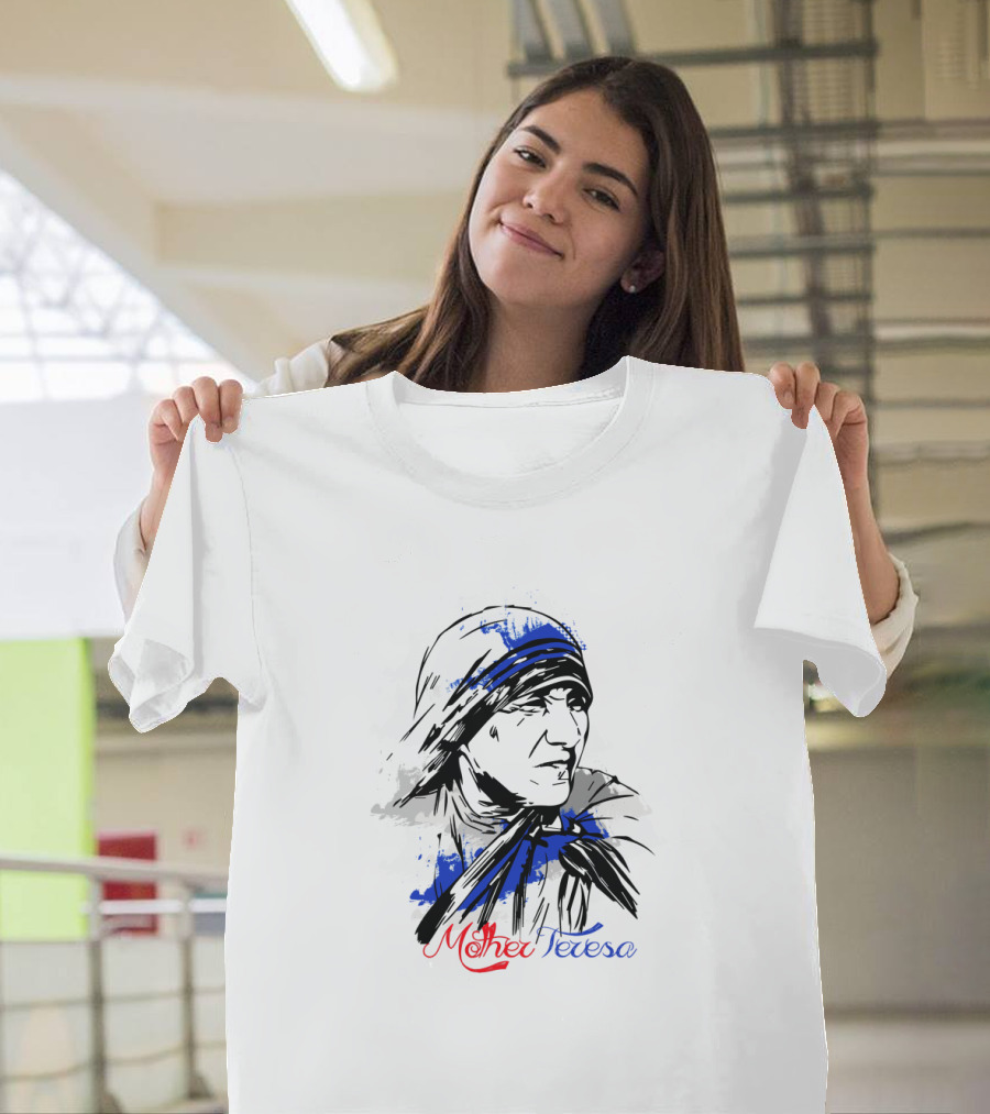 Mother Teresa Hand-Drawn Blue and Red Stylized T-Shirt