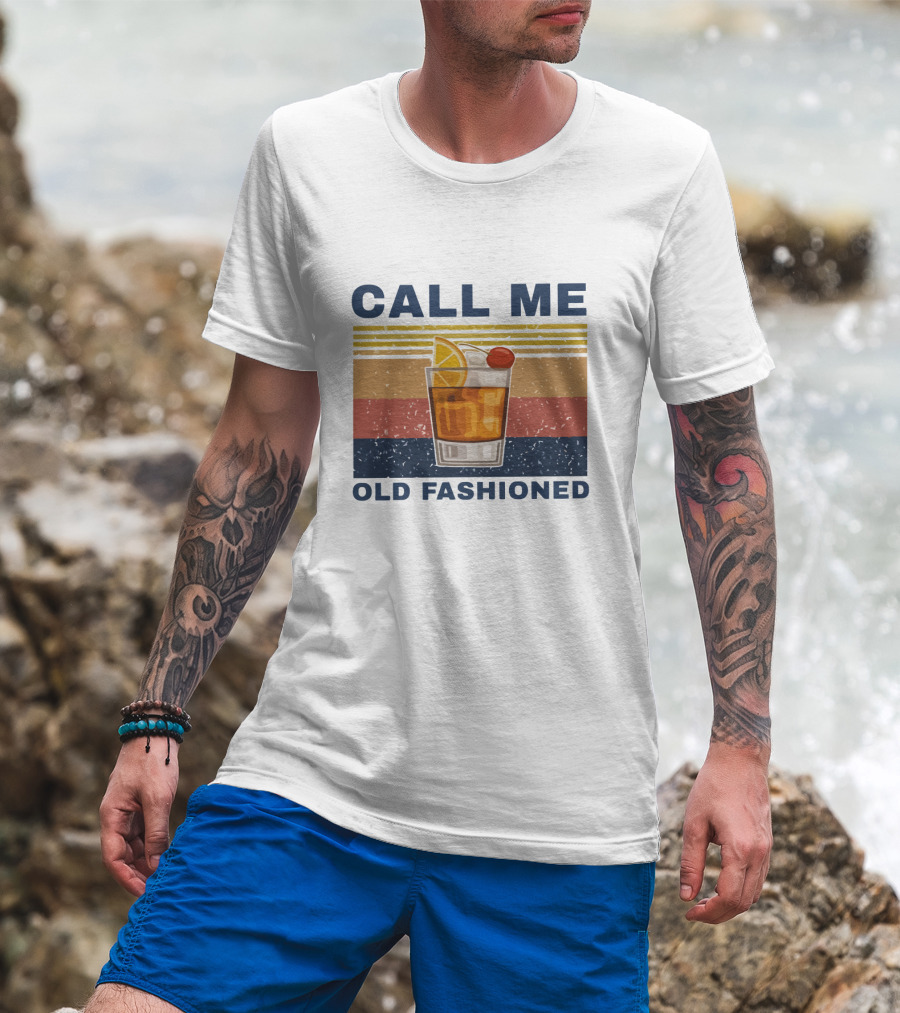 Call Me Old Fashioned Whiskey Cocktail Retro Stripes T-Shirt