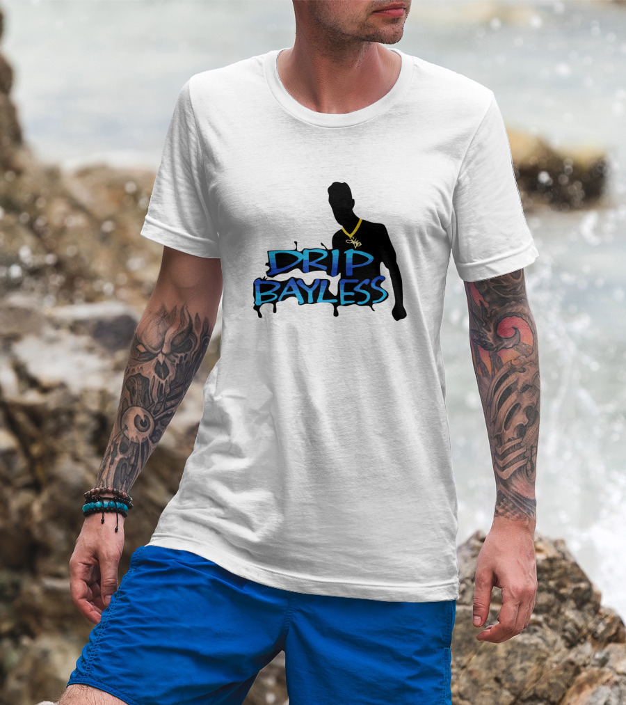 Drip Bayless Silhouette With Gold Chain And Blue Graffiti Text T-Shirt