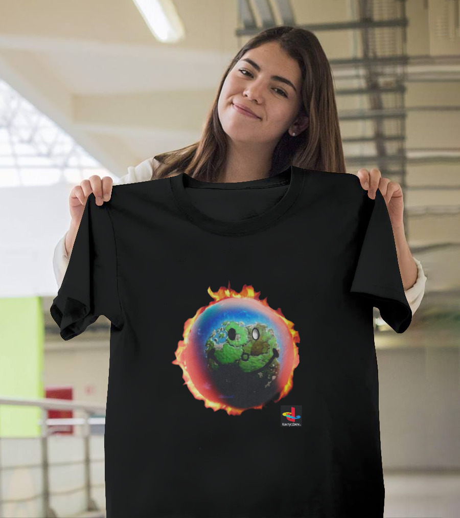 Travis Scott Merch Smiley Earth on Fire with Cactus Jack Playstation T-Shirt