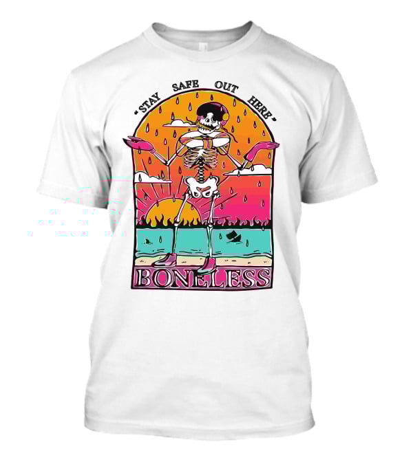 Stay Safe Out Here Boneless Sunset Skeleton Surfer T-Shirt