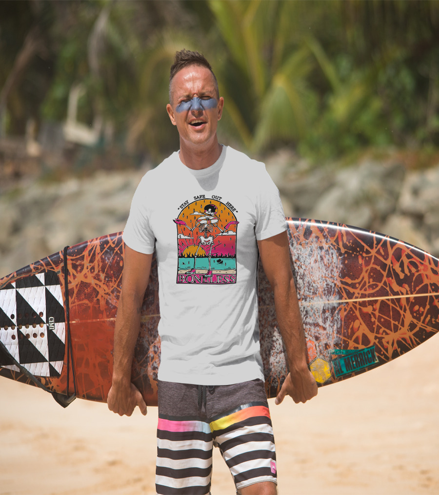 Stay Safe Out Here Boneless Sunset Skeleton Surfer T-Shirt