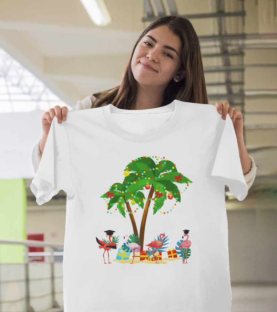 Tropical Christmas Flamingos Under Palm Tree With Gifts T-Shirt