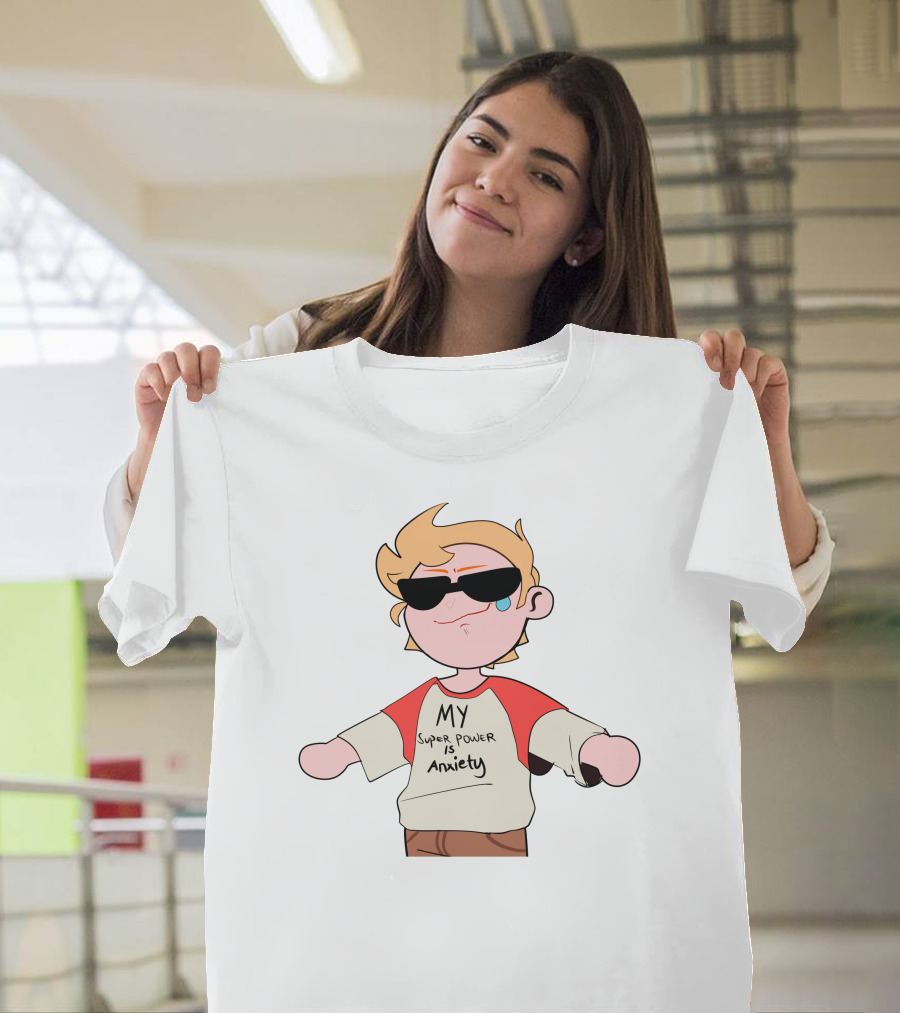 MY Super Power is Anxiety Character with Sunglasses and Red Sleeves T-Shirt