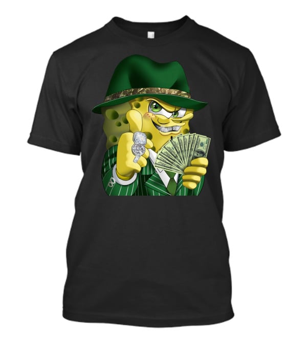 SpongeBob Gangster Style In Green Suit And Hat With Money And Diamonds T-Shirt