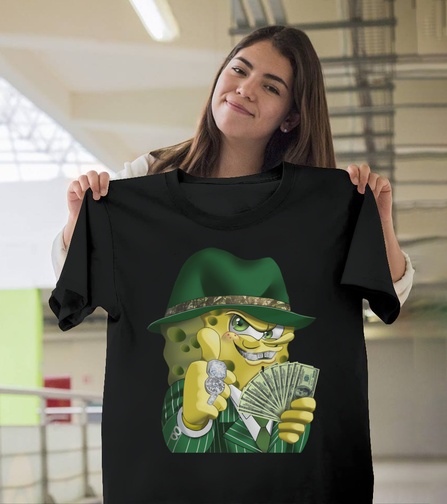 SpongeBob Gangster Style In Green Suit And Hat With Money And Diamonds T-Shirt