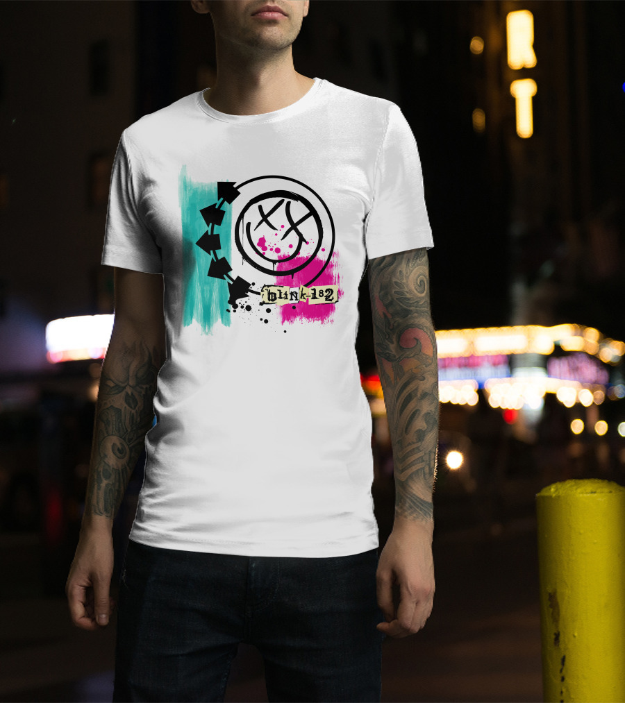 Blink 182 I Miss You Smiley Logo With Pink And Teal Paint Splatter T-Shirt
