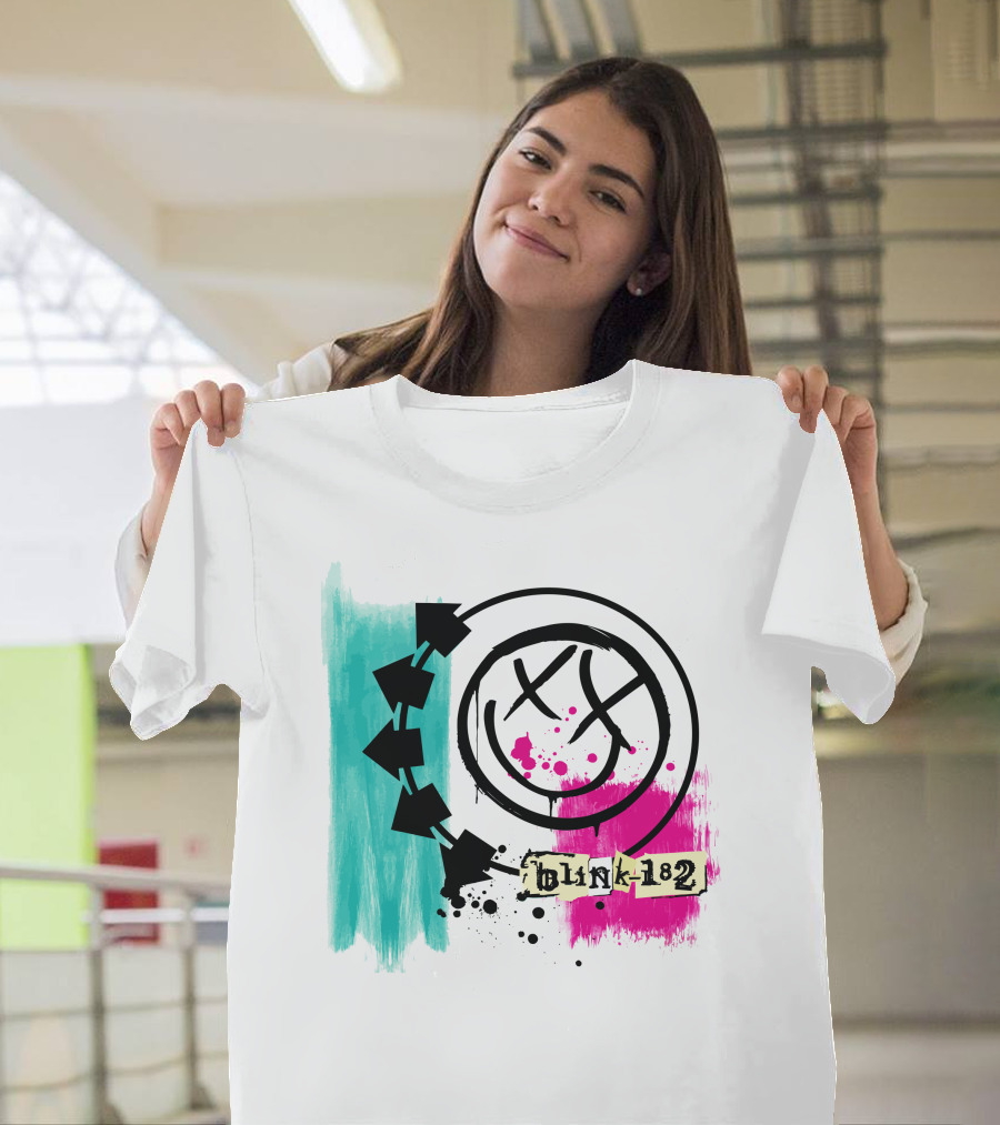 Blink 182 I Miss You Smiley Logo With Pink And Teal Paint Splatter T-Shirt