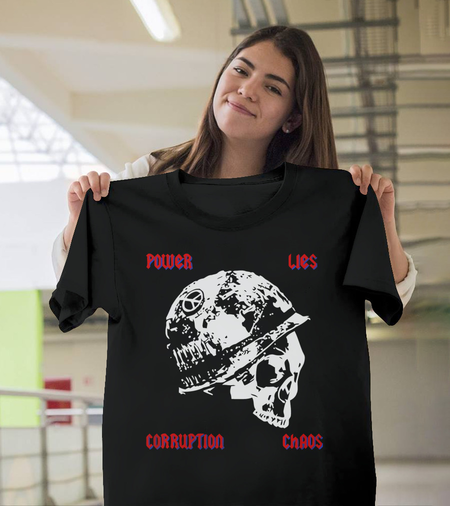 Power Lies Corruption Chaos Skull with Helmet and Peace T-Shirt