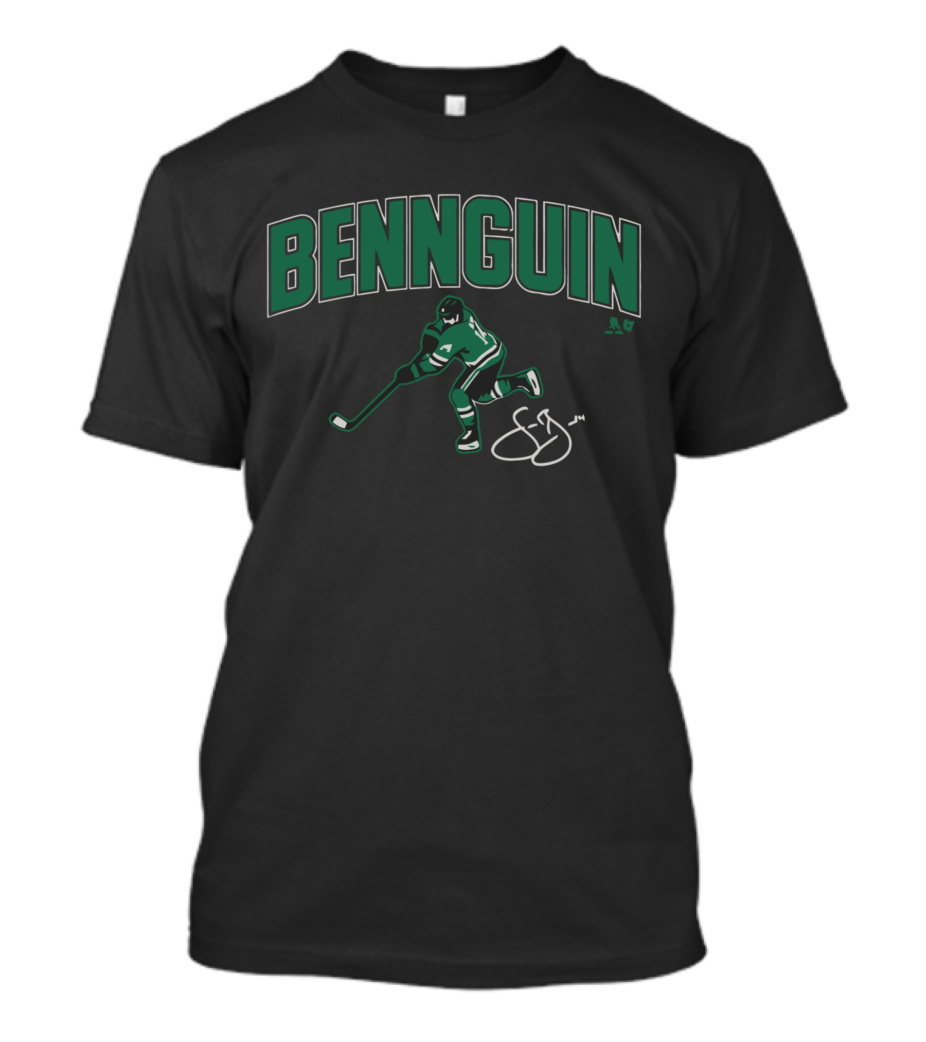 Bennguin Hockey Player Silhouette In Green And White With Signature T-Shirt