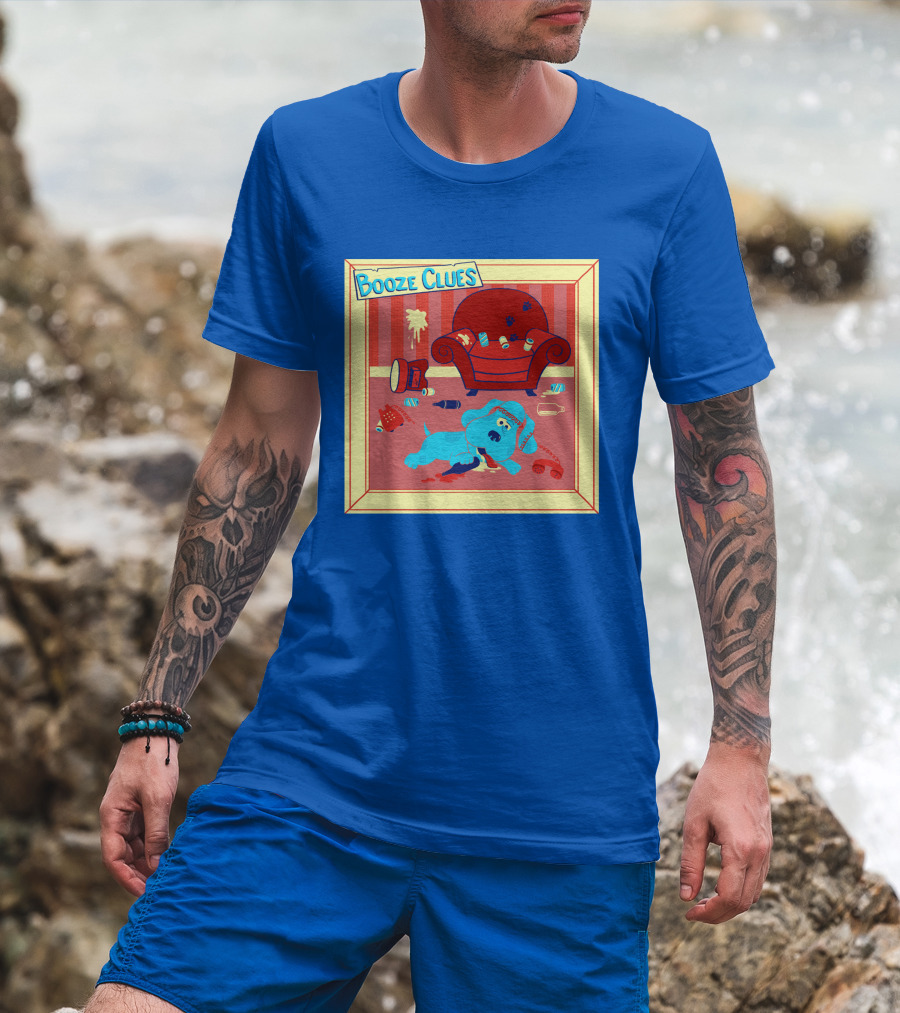 Booze Clues Blue Dog Party Mess With Cans And Couch T-Shirt