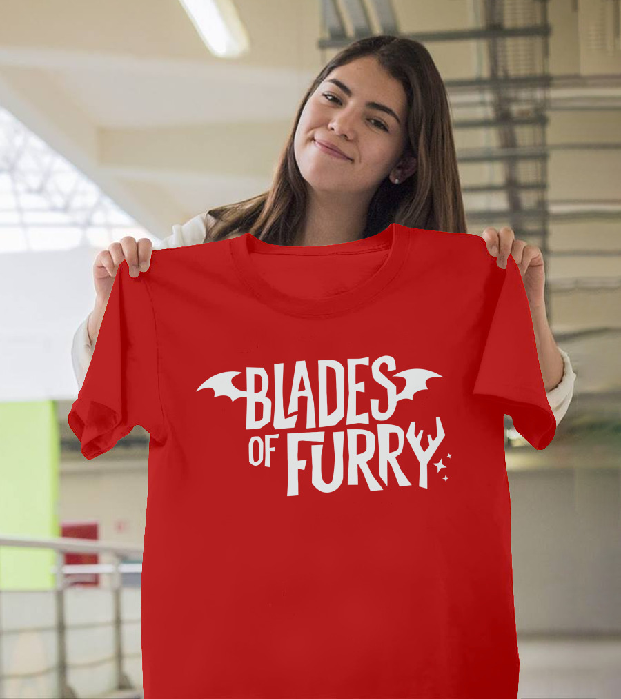 Blades of Furry Text with Bat Wings and Stars T-Shirt