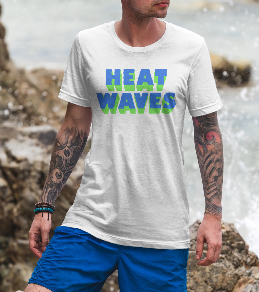 HEAT WAVES Bold 3D Text Design In Blue And Green T-Shirt