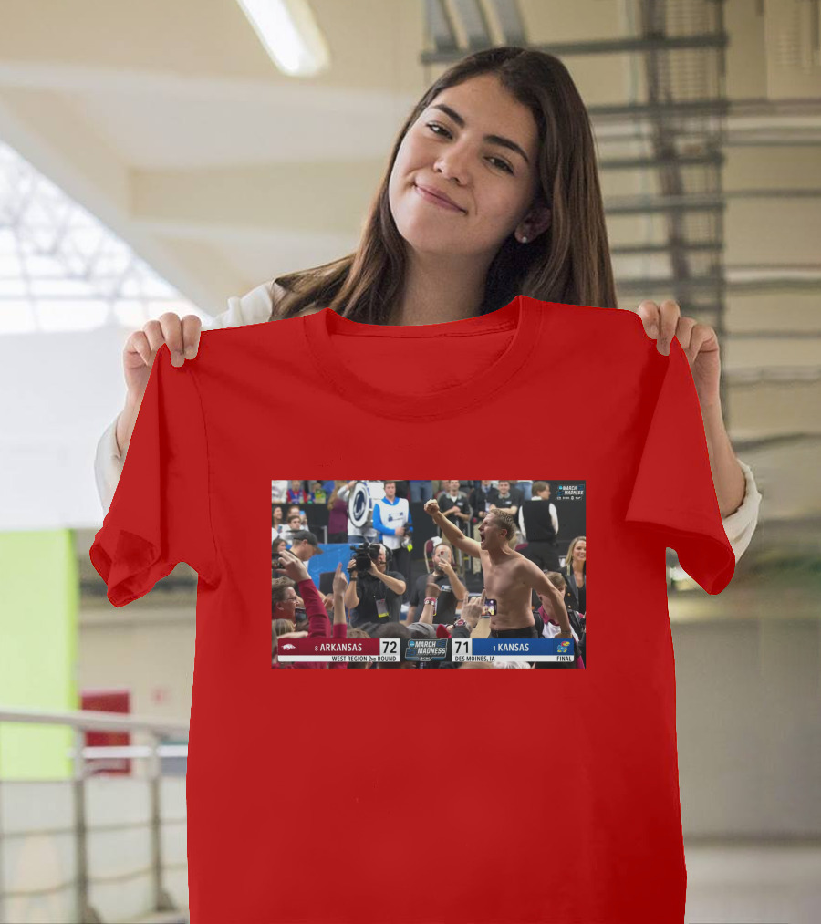 Eric Musselman Celebrates Arkansas 72-71 Victory Over Kansas in March Madness T-Shirt