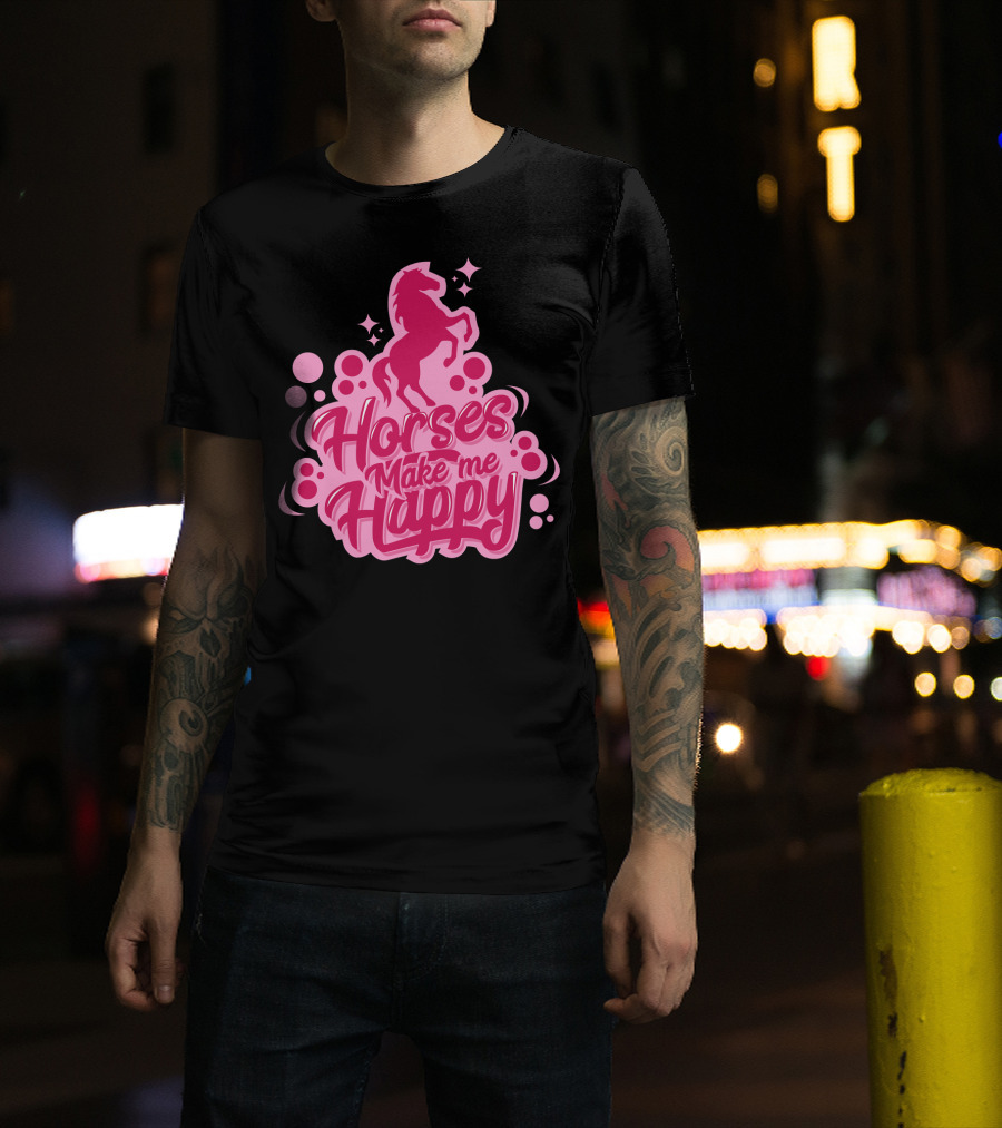 Horses Make Me Happy Pink Horse Silhouette With Stars And Circles T-Shirt