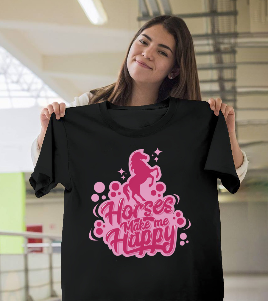 Horses Make Me Happy Pink Horse Silhouette With Stars And Circles T-Shirt
