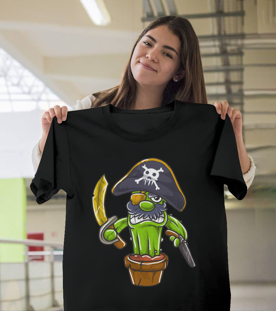 Cactus Pirate Jolly Roger Skull Spooky Pot Sword Eyepatch T-Shirt