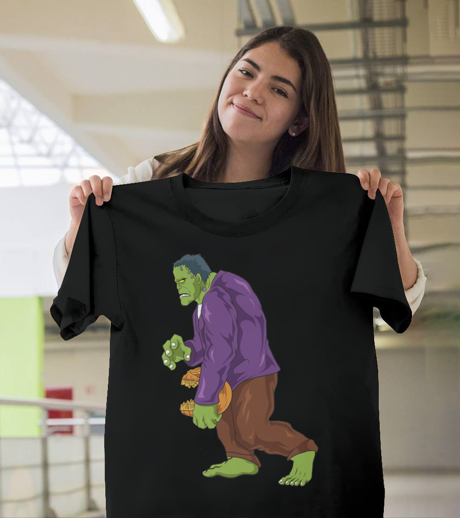 Frankenstein Bigfoot Carrying Pumpkin Funny Halloween Monster Zombie T-Shirt