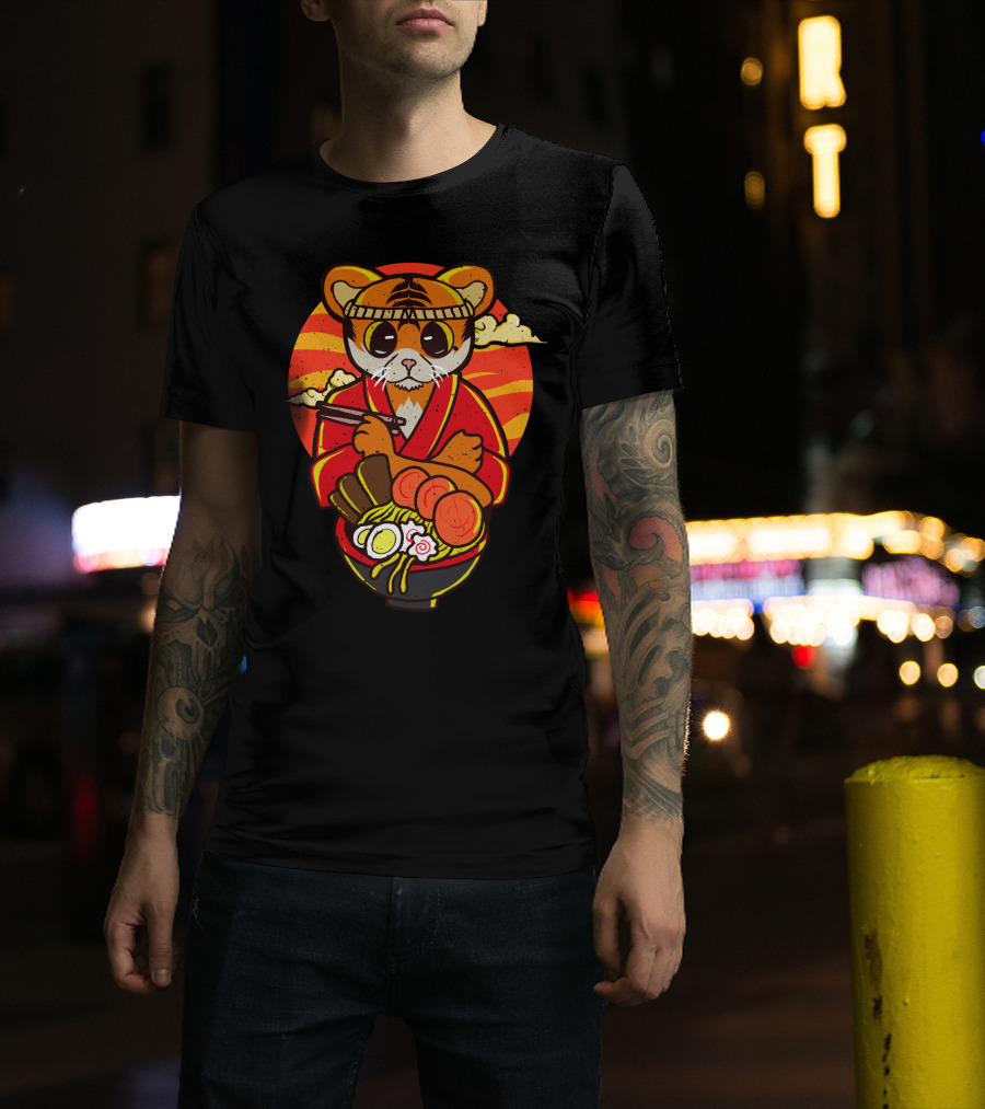 Kawaii Ramen Tiger In Kimono With Japanese Noodles And Sunset Background T-Shirt