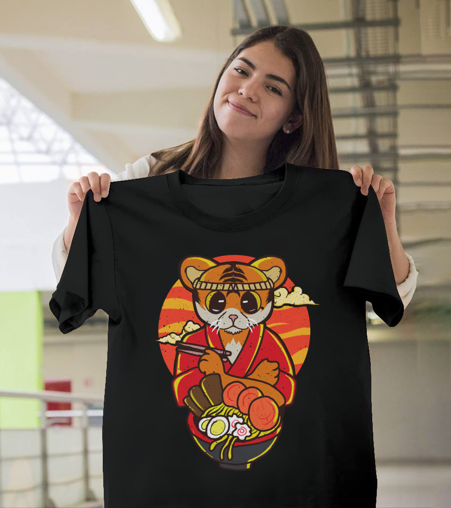 Kawaii Ramen Tiger in Kimono with Japanese Noodles and Sunset Background T-Shirt