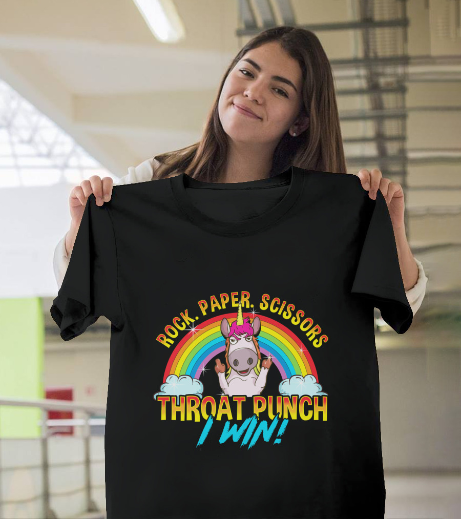 Rock Paper Scissors Throat Punch I Win Unicorn Rainbow T-Shirt