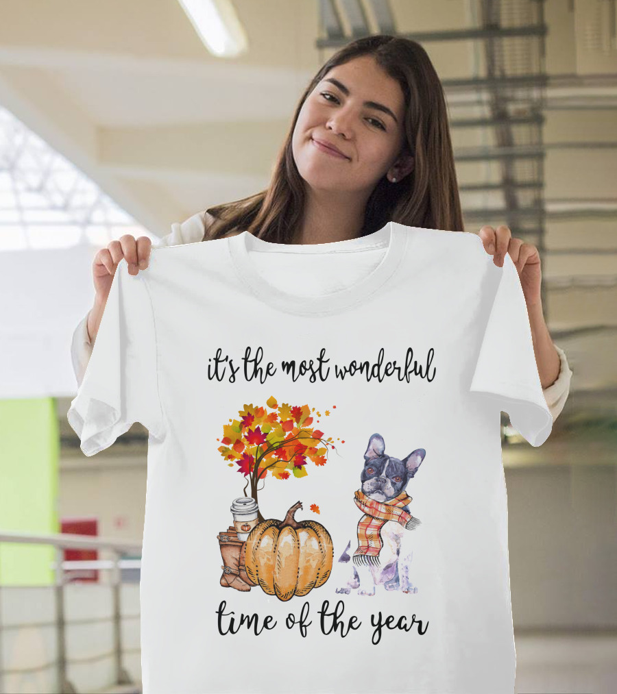 Its The Most Wonderful Time Of The Year Boston Terrier Autumn Pumpkin Leaves Coffee T-Shirt
