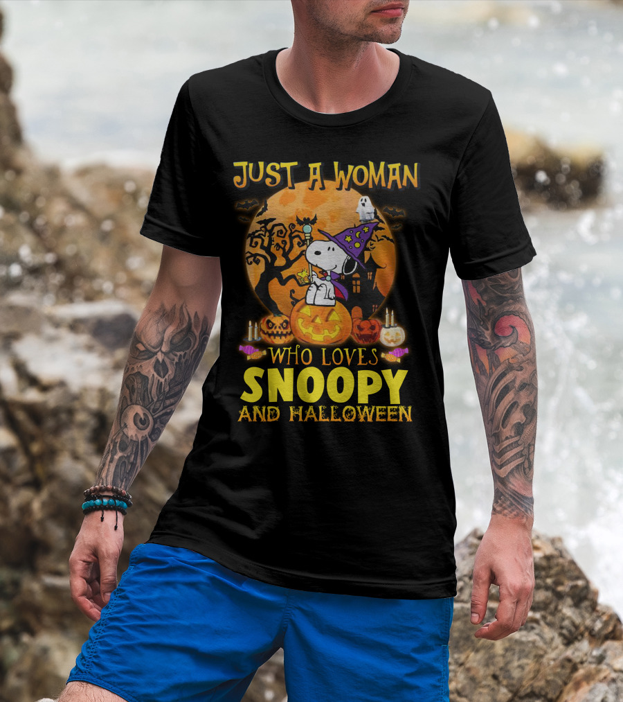 Just A Woman Who Loves Snoopy And Halloween T-Shirt