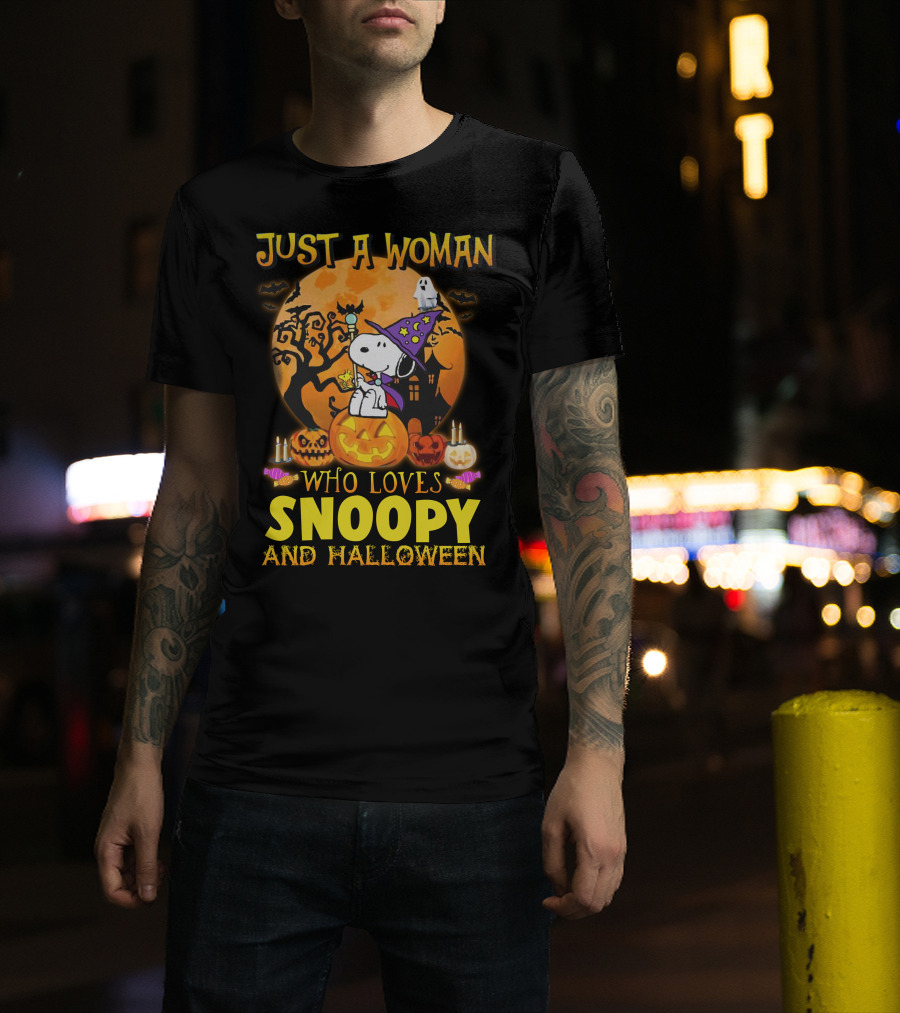 Just A Woman Who Loves Snoopy And Halloween T-Shirt