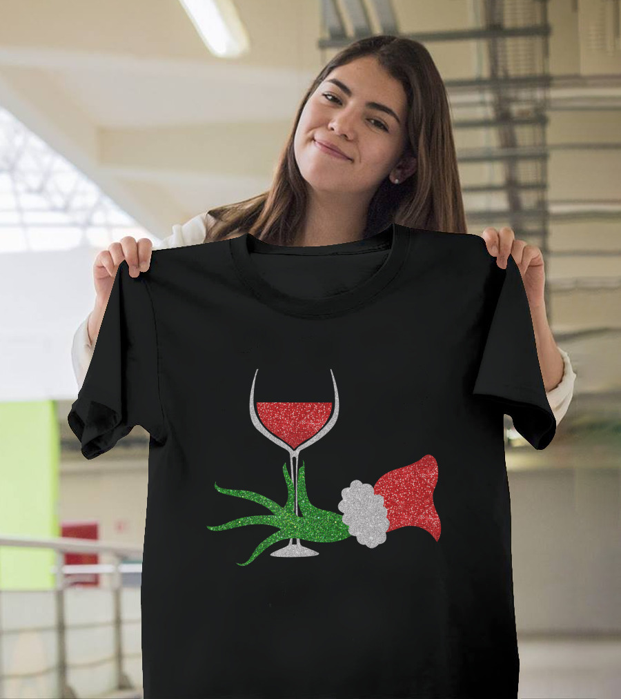 Grinch Hand Santa Hat Wine Glass Red Green Sparkle T-Shirt