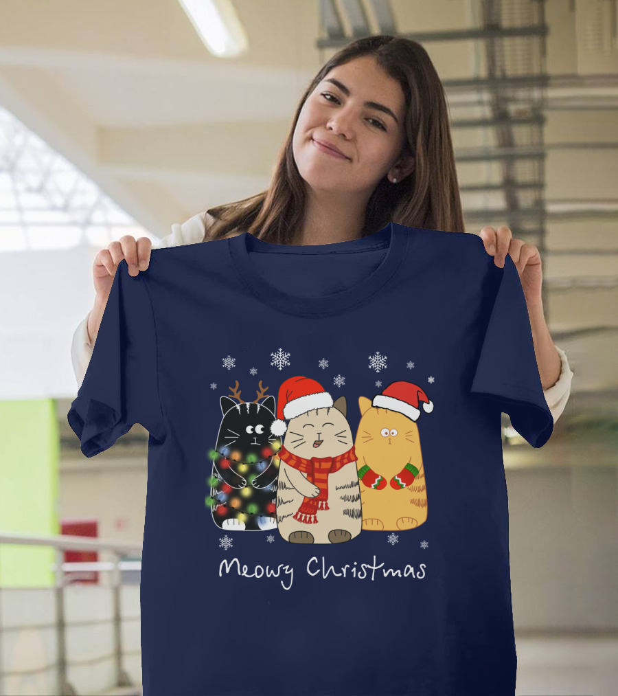 Meowy Christmas Cat Funny and Cool Holiday Cats with Santa Hats T-Shirt
