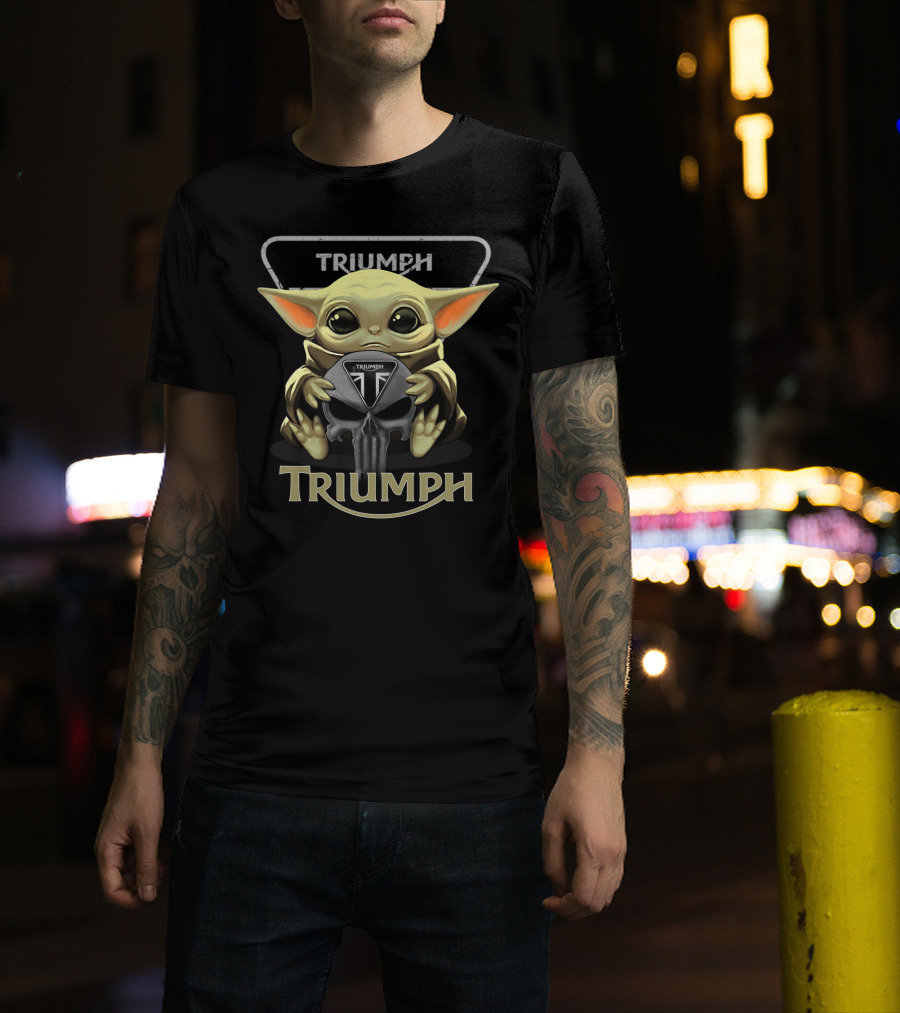 Triumph Motorcycles Baby Yoda Holding Triumph Skull T-Shirt