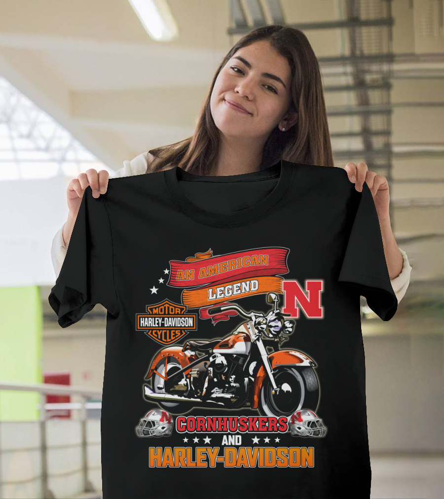 An American Legend Nebraska Cornhuskers And Harley Davidson Motorcycle Cycles T-Shirt