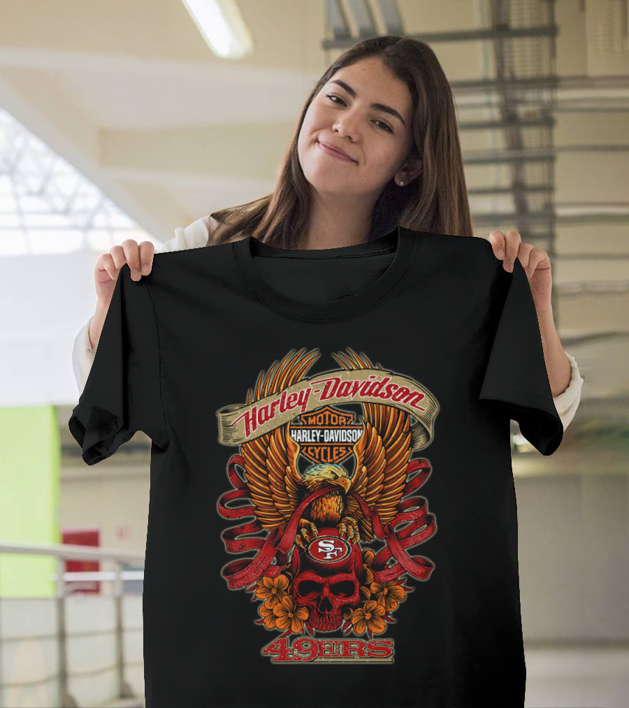 Harley Davidson San Francisco 49ers 49ers Eagle Skull Flowers T-Shirt