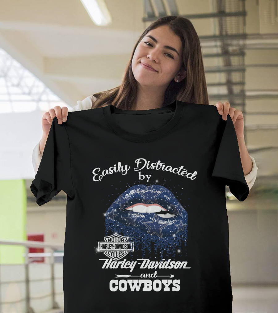 Easily Distracted By Harley Davidson And Cowboys Lips Stars T-Shirt