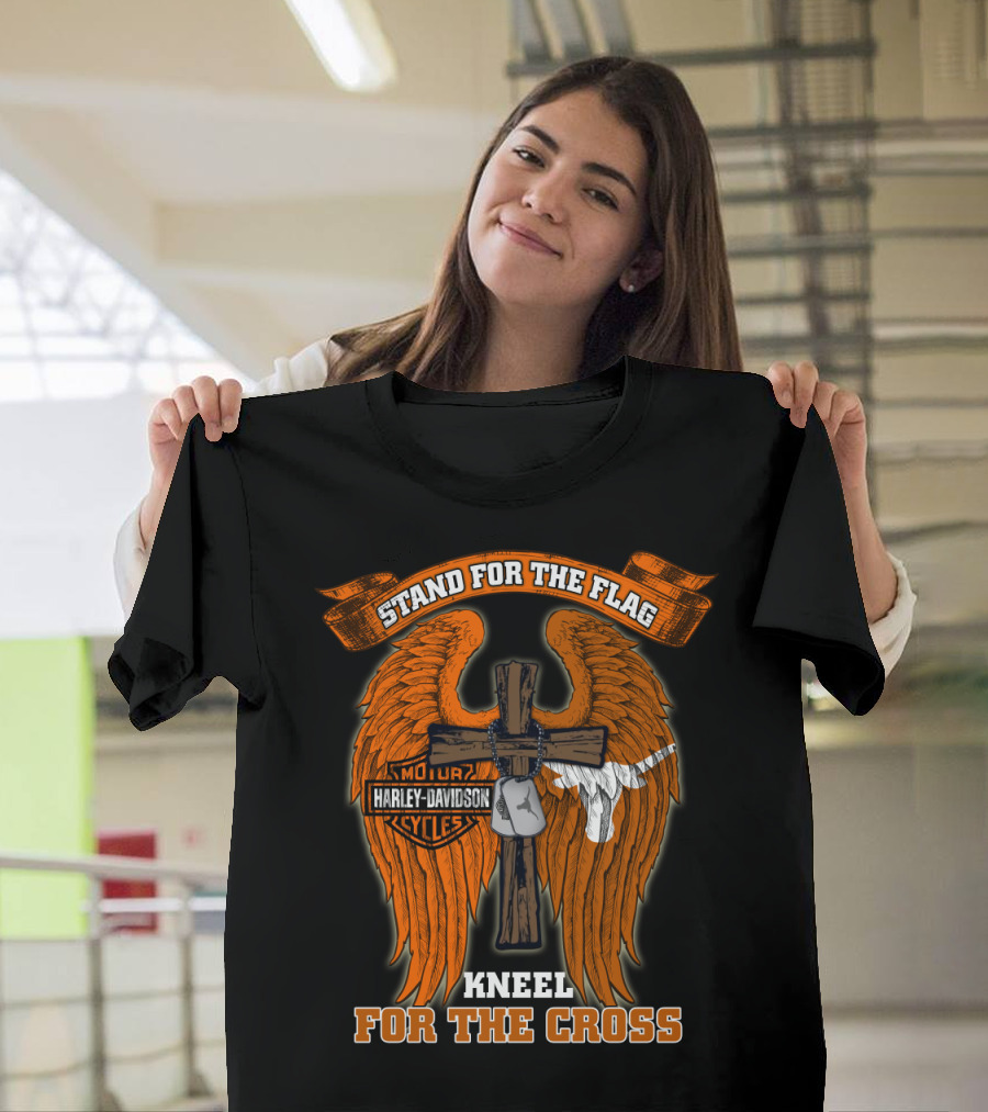 Stand For The Flag Kneel For The Cross Harley Davidson Wings Texas Longhorns T-Shirt
